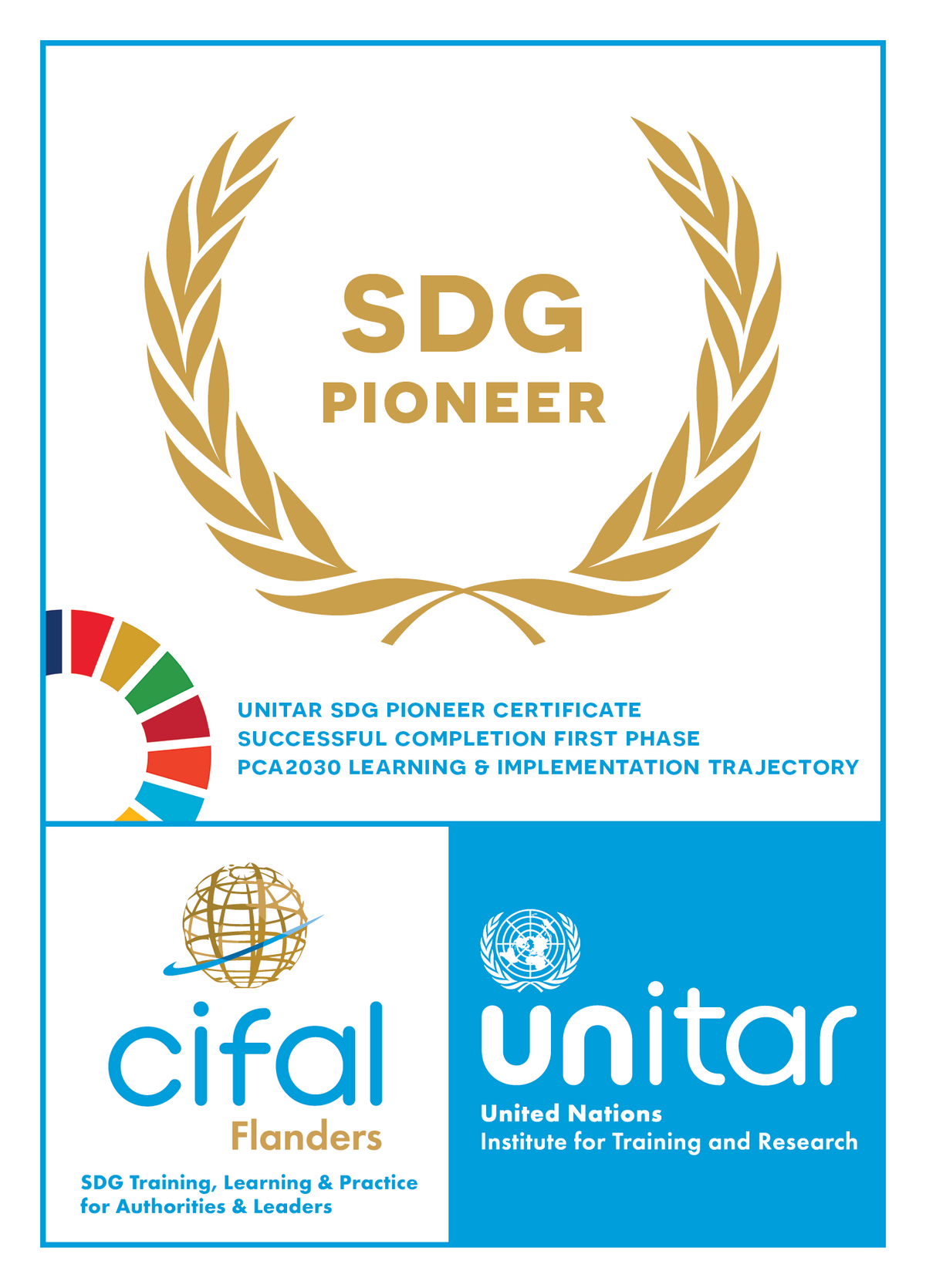 SDG Pioneer certificate with gold laurel wreath, CIFAL Flanders, and UNITAR logos - Reynaers