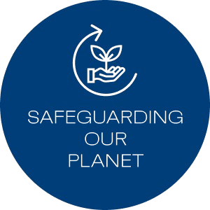 Icon depicting a hand holding a sprouting plant with an arrow circling above, accompanied by the text 'Safeguarding Our Planet' on a blue circular background - Reynaers