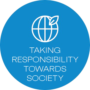 Blue circular icon with a globe and a leaf symbol, accompanied by the text 'Taking Responsibility Towards Society' - Reynaers