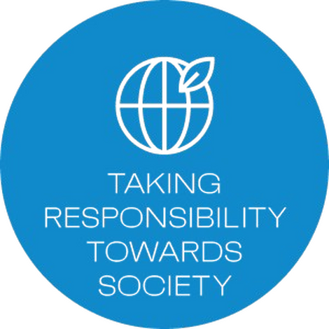 Blue circular icon with a globe and a leaf symbol, accompanied by the text 'Taking Responsibility Towards Society' - Reynaers
